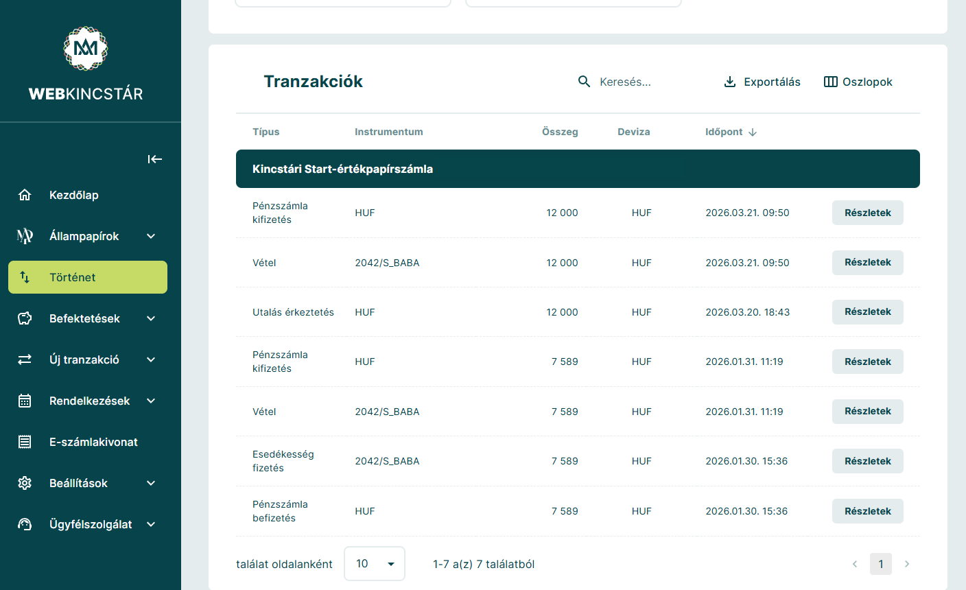 WebKincstár Tranzakciók