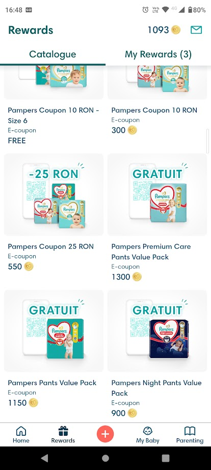 Pampers Club alkalmazás - aktuális jutalomkatalógus és pontegyenleg